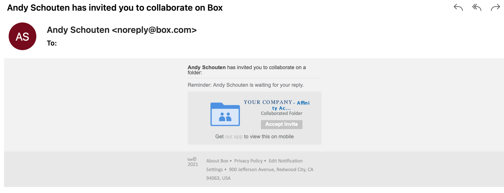 Email invitation to access the Box account